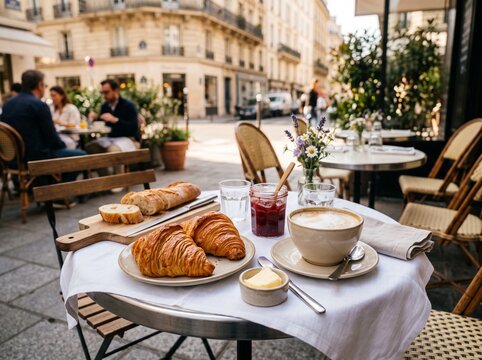 French breakfast spread with flaky croissants, baguette, jam, and cappuccino served at an outdoor Parisian cafe street terrace symbolizing European travel lifestyle