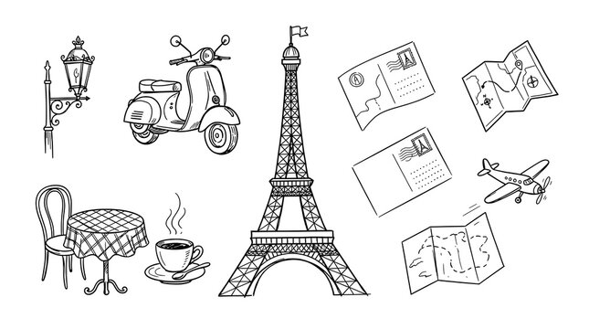 Paris France Travel Doodle Icon Set Vector Illustration