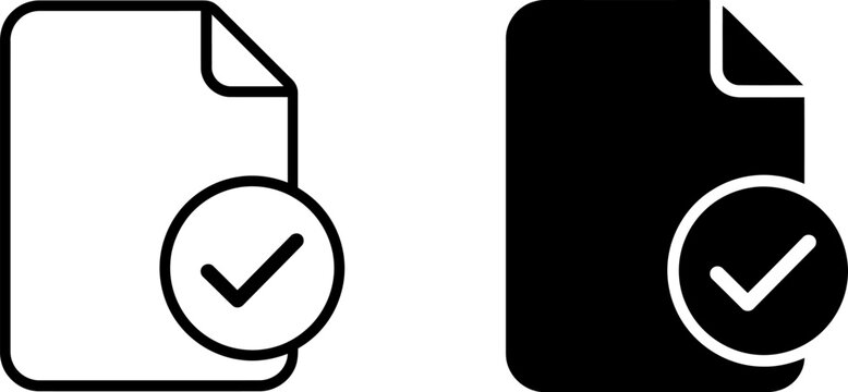 Minimalist document checkmark icons, black outline and solid file symbols, approved paper vector set for business verification