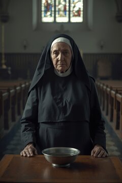 An elderly nun in traditional black robes looks sternly into the frame, standing in front of a wooden table with a metal cup in the twilight of the church.