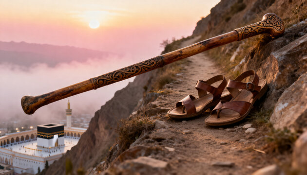 Traditional leather sandals and an ornate wooden walking stick resting on a rugged mountain cliff path