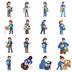 Fototapeta premium Flat vector set featuring female delivery couriers and postal workers in uniforms. Characters carry parcels, boxes, and mail for logistics, shipping, and e-commerce service concepts.