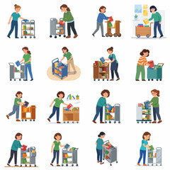 Fototapeta premium Vector illustration set featuring female hotel housekeeping staff and cleaners organizing service trolleys with linens and supplies for room maintenance on a clean white background.