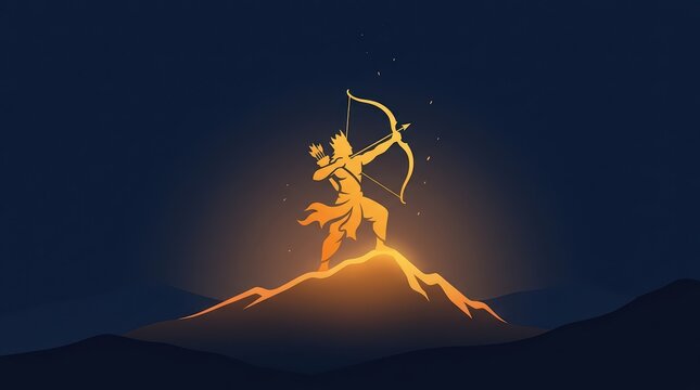 Lord rama holding a bow and arrow standing on a mountain peak at night with a glowing golden silhouette