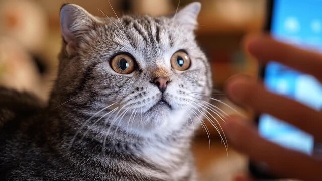 Cute grey tabby cat looking up curiously