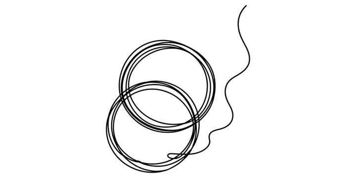 Abstract overlapping circles continuous one line drawing, minimalist art for branding and decoration, simple geometric shapes, isolated on white.