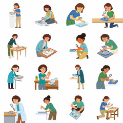 Fototapeta premium Women scientists and archaeologists set including paleontologists excavating dinosaur bones, examining ancient fossils with magnifying glasses, and using tools for historical research discovery.