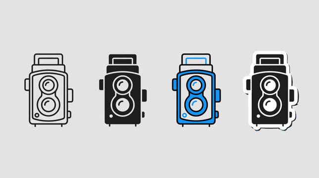 Twin-Lens Reflex (TLR) Camera Vector Icons with Outline, Filled, Blue Accent, and Sticker Styles