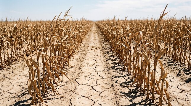 Rows of dry withered cornstalks standing on severely cracked parched earth under a hot summer sky symbolizing agricultural drought and climate warming impact