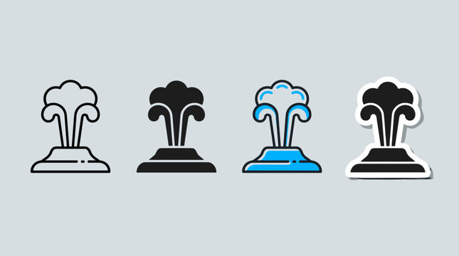 Hot spring geyser icon set presenting water eruption in outline, solid silhouette, blue highlighted, and sticker style vector variations.