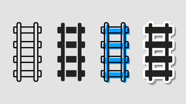 Railway track vector icon set representing train rails and wooden ties in outline, solid glyph, blue accent, and sticker style variations.