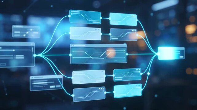 Artificial intelligence automation workflow diagram with interconnected glowing data nodes displaying complex network connections on futuristic digital technology interface