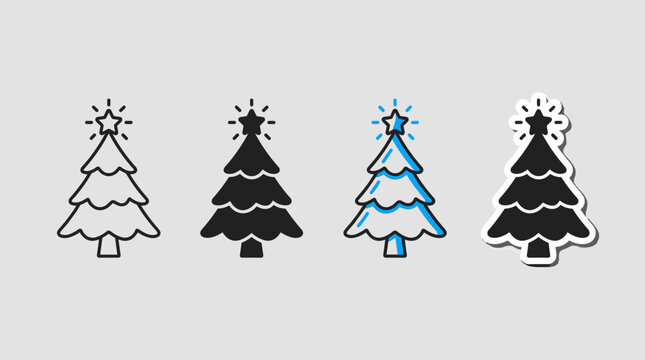 Vector icons representing a decorated Christmas tree with a shining star on top, shown in four distinct graphic styles: clean line art outline, solid black silhouette, dual-tone line art with blue acc