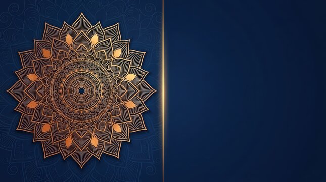 Beautiful decorative floral mandala pattern design with golden details on a dark blue background wallpaper