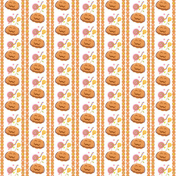 Cute Halloween striped seamless pattern with pumpkins and lollipops on cream background