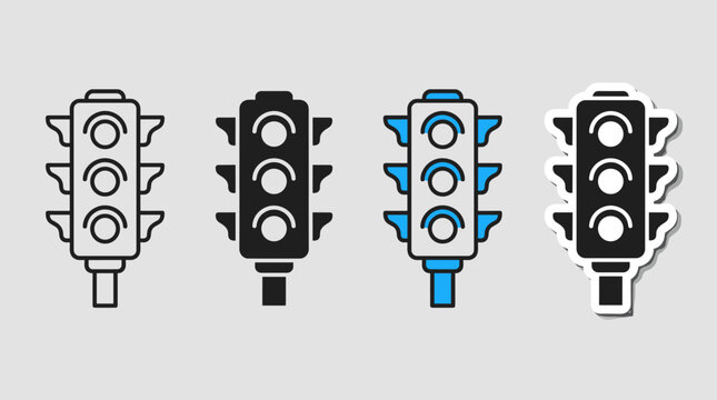 Traffic light railway signal icon set displaying outline filled blue accented and sticker style versions