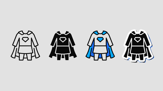 Superhero costume vector icon set featuring suit and cape in four different design styles