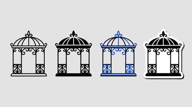 Wrought iron gazebo icon collection in stroke line, solid glyph, blue line accent, and sticker vector style