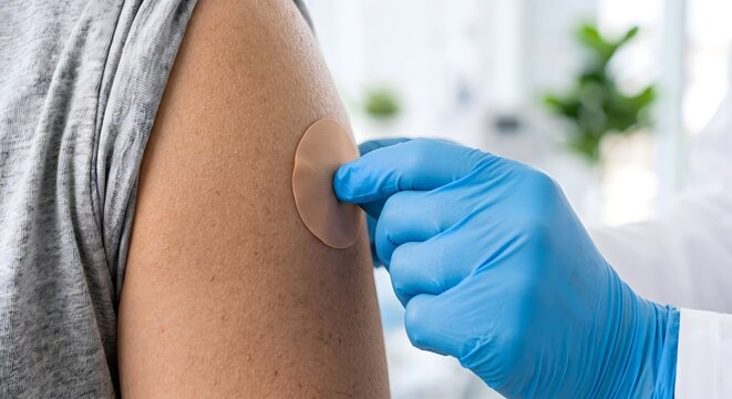 Gloved medical hand applying adhesive beige patch to patient arm after vaccination or injection for protection coverage.