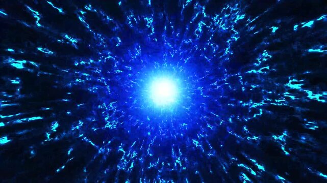 Electric blue glowing energy vortex with bright radial rays rushing outward, abstract futuristic speed tunnel background, cinematic dynamic sci fi motion graphics, digital technology visual effect. 4k