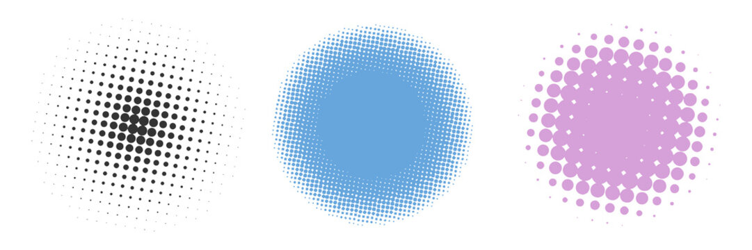 Halftone dot circle set, horizontal vector layout with colorful radial gradient patterns. Comic pop art screen print effect elements for retro banner, logo or graphic design.