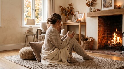 Obraz premium A woman wearing a cozy sweater sits by a warm fireplace. Concept autumn clothing, home comfort, seasonal fashion, cozy lifestyle, perfect for lifestyle and fashion promotions. Generative AI