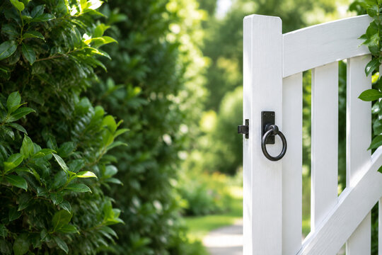 White painted garden gate with green hedge, inviting outdoor entrance concept