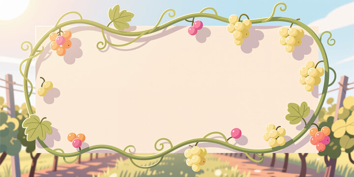 Vines with grapes forming a decorative border, grapes varying in pastel colors, with blurred vineyard scenery and blue sky in the background softly.