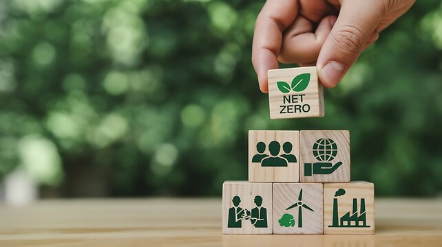 Hand Placing Net Zero Block on Sustainable Development Wooden Cubes for Climate Action
