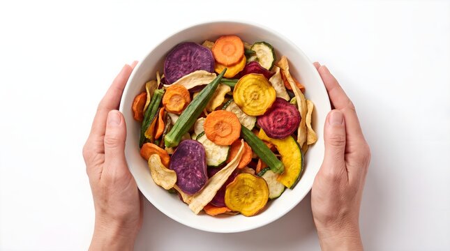 Hands holding bowl of colorful dried vegetable chips on white background