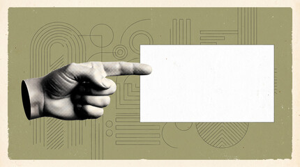Obraz premium Nostalgic collage of hand pointing at rectangular paper frame on olive green background. Vintage halftone design with geometric lines and circles for promotional website header banners.