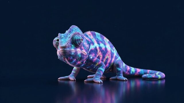 A 3D render of a stylized chameleon with glowing neon bioluminescent patterns on its skin standing on a reflective surface against a dark studio background.