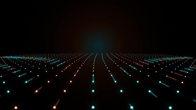 Digital Cyber Grid Horizon Loop with Glowing Cyan and Orange Data Lines