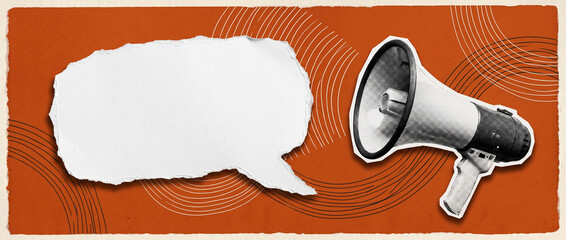 Obraz premium Vintage style horizontal banner featuring torn paper speech bubble with megaphone graphic on dark orange background with circular line patterns perfect for creative retail store advertising campaigns.