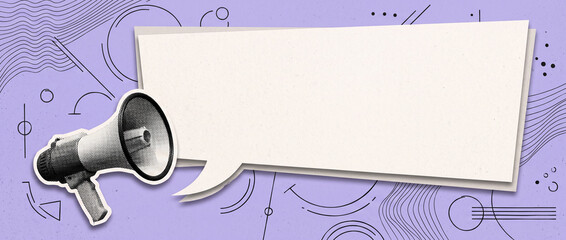 Obraz premium Modern artistic banner featuring retro halftone megaphone with large geometric speech bubble on light purple background with minimalist line drawings and circle shapes for digital marketing.