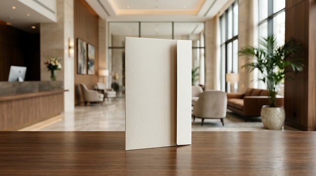 Blank Vertical Directory Sign Mockup on Wooden Table in Modern Hotel Lobby
