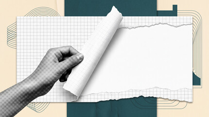 Obraz premium Hand holding piece of torn graph paper revealing blank space for text on dark moody background featuring vintage halftone aesthetic and creative ripped paper collage design for digital web layout.