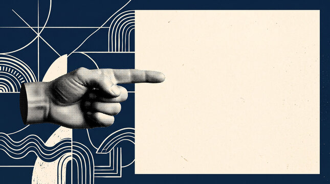 Pointing hand with halftone dots on abstract geometric background blue retro collage with copy space for your text advertisement or announcement.