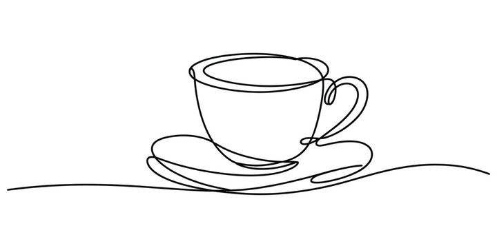 Continuous line drawing coffee cup with saucer design for beverage cafes, restaurants, and morning routines.