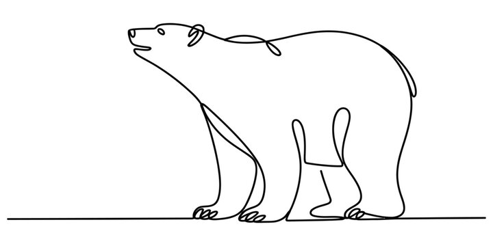 Continuous single line drawing of wild polar bear standing in profile view showing classic arctic mammal silhouette.