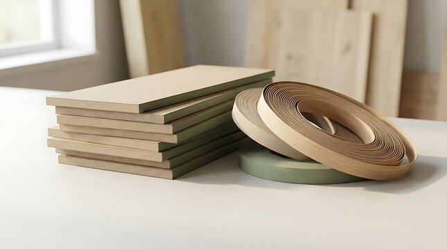 A stack of mdf boards and rolls of edge banding wood veneer tape sit on a workshop table ready for professional carpentry and custom furniture production