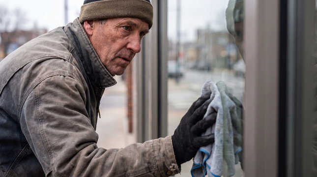 Older man wearing warm clothes and gloves meticulously cleaning a commercial storefront window with a cloth, representing dedicated service and hard work