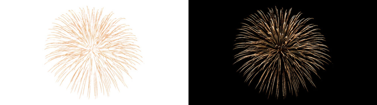 Exploding golden firework burst sparkling isolated on black for celebration and holiday design with PNG, Transparent and Black Background Versions
