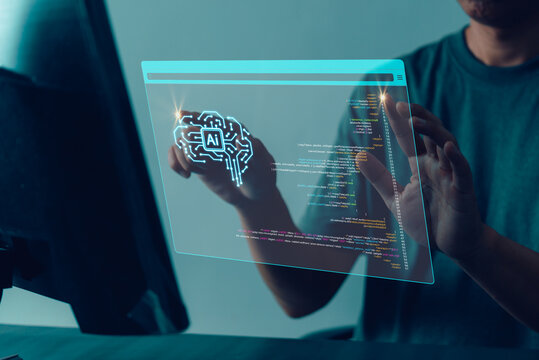 Artificial intelligence coding interface with AI brain icon and person interacting with virtual code screen beside desktop computer
