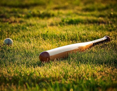 a rounders bat lying on a grassy field sports and casual everyday scene