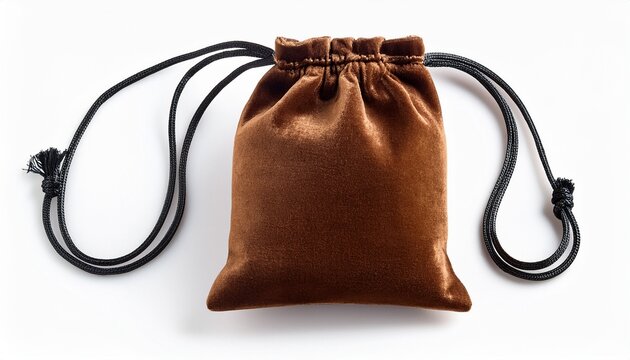 a soft brown velvet drawstring pouch with black cords isolated on white background