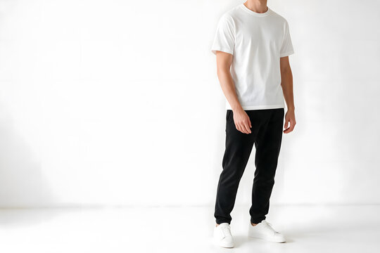 Young man wearing a white t-shirt and black pants standing against a white background with copy space