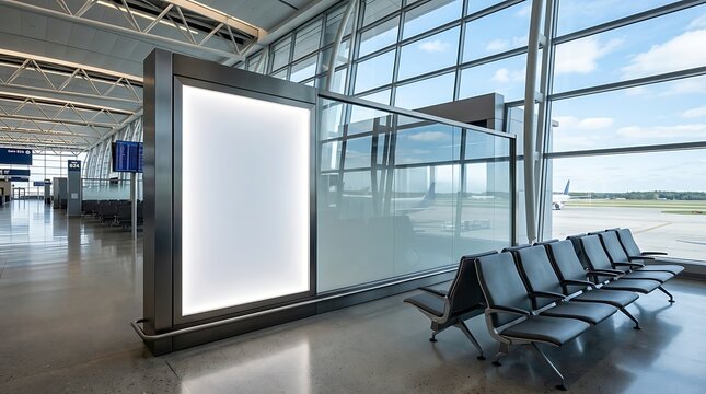 Modern airport terminal with large blank digital screen, empty waiting area, and view of parked airplane on tarmac