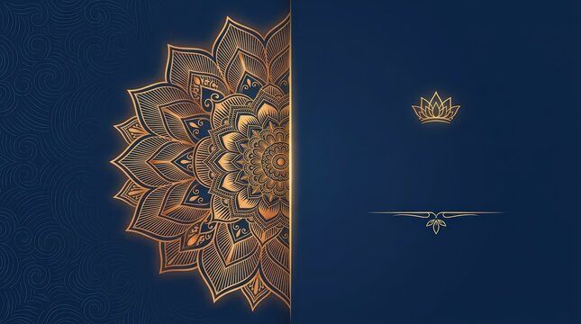 Beautiful decorative floral mandala pattern on a dark blue background with elegant golden and silver details