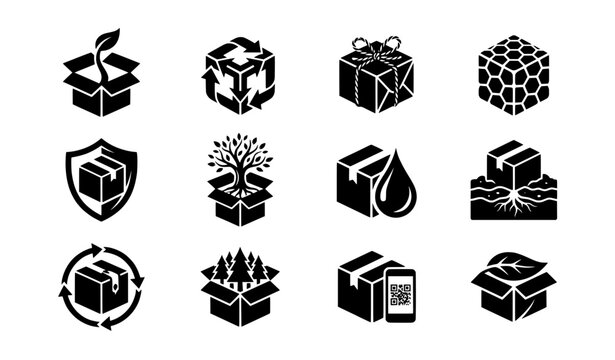 Eco friendly paper packaging box vector silhouettes emblem set sustainable cardboard delivery logo collection